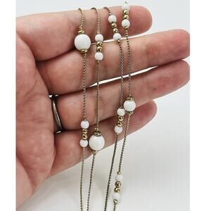 Liz Claiborne Gold Tone White Ball Bead Long Chain Necklace Station 80s Lobster